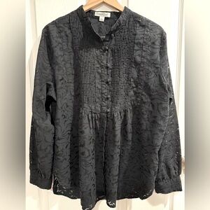 Coldwater Creek Black Smocked Blouse with Mandarin Collar Back & Arms Are Lace 🖤